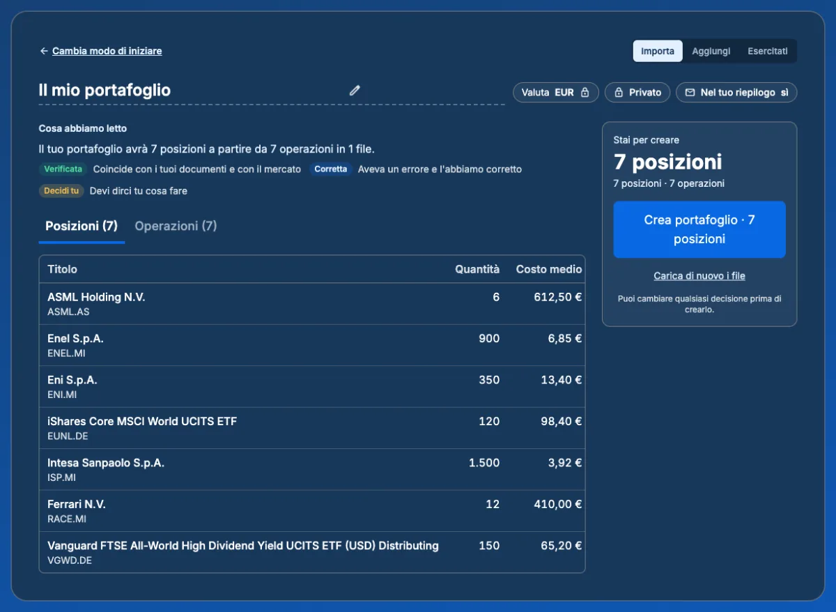 Importazione di un portafoglio con l'intelligenza artificiale in MyPortfolio